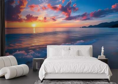 Serene Sunrise Over Calm Beach with Gentle Waves and Vibrant Skies in Tranquil Holiday Destination Wall mural