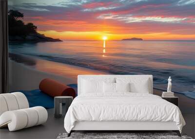 Serene sunrise yoga session on the beach, embodying relaxation and mindfulness for outdoor enthusiasts. Wall mural