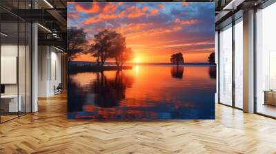 Serene sunset over a tranquil lake with trees silhouetted against a sky of orange and blue hues Wall mural