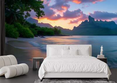 Serene tropical beach at breathtaking sunrise with gentle waves, lush greenery, and majestic mountains in the background Wall mural