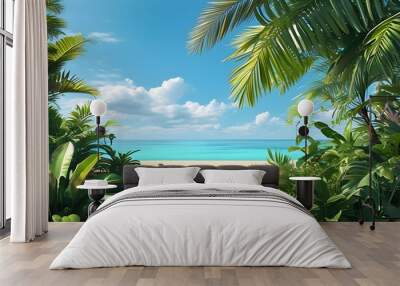 serene tropical paradise background featuring lush greenery, clear blue skies, and a tranquil atmosphere perfect for virtual meetings Wall mural