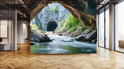 Serene tunnel through rock with flowing river and stunning natural stone formations, creating an adventurous escape into natures beauty Wall mural