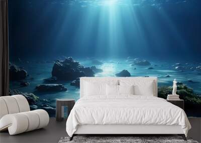 serene underwater realm illuminated by gentle ocean light, where dark blue waters create a captivating atmosphere of peace and calm Wall mural