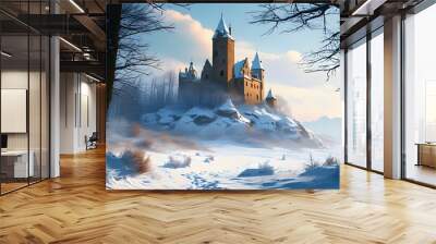 Serene winter landscape featuring a snow-covered castle with tall towers and a dreamy double exposure silhouette Wall mural