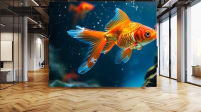 Shimmering orange scales of a goldfish gliding gracefully through a colorful aquarium environment Wall mural