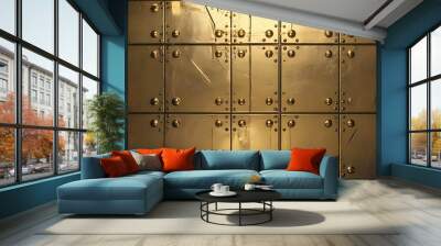 Shiny golden metal grid plate with rivets showcasing an industrial pattern background Wall mural