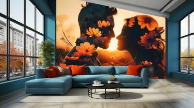 Silhouetted couple entwined in a floral embrace against a warm sunset, symbolizing love and unity through double exposure artistry Wall mural