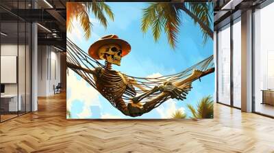 Skeleton in a Hat Relaxing on a Hammock Under Sunny Skies and Palm Trees Wall mural