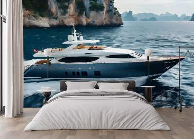 Sleek luxury yacht cutting through vibrant ocean waves Wall mural