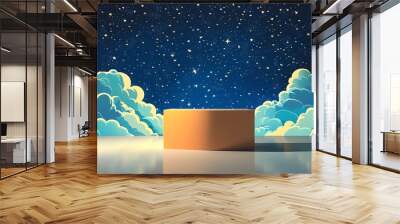 Sleek minimalist podium adorned with star accents against a backdrop of elegant clouds and exaggerated comic design elements Wall mural