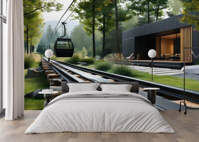 Sleek modern minimalist black cable railing with wooden top accentuating a beautifully landscaped backyard Wall mural