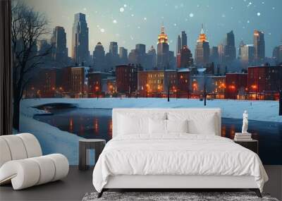 snow-covered cityscape with festive lights and bustling streets during winter season Wall mural