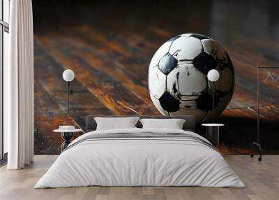 soccer ball resting on dark wooden floor Wall mural