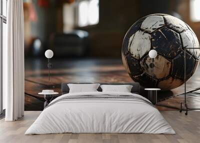 soccer ball resting on dark wooden floor Wall mural