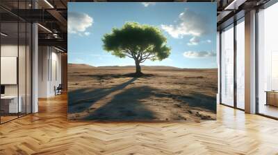 Solitary tree in a desolate landscape with gentle sunlight casting shadows on the ground Wall mural