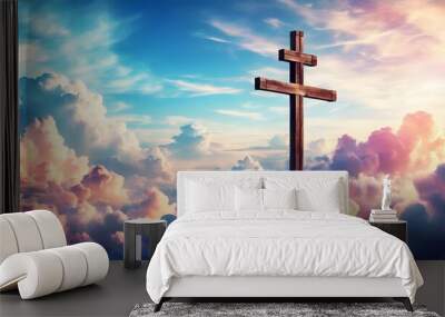 Spiritual symbol of a wooden cross amid vibrant clouds, embodying faith and hope in a divine presence Wall mural