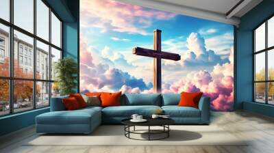 Spiritual symbol of a wooden cross amid vibrant clouds, embodying faith and hope in a divine presence Wall mural