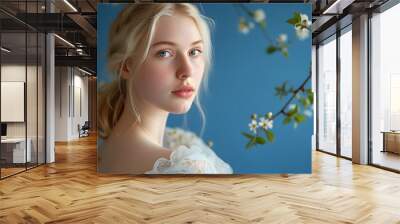 Spring-inspired portrait of a young blonde woman surrounded by vibrant floral motifs against a refreshing blue backdrop Wall mural