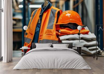 Stacked work uniform featuring protective orange helmet and vest Wall mural