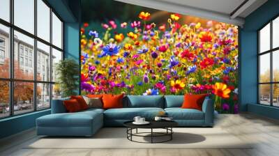 Stunning display of vibrant wildflowers illuminated by warm sunlight in a colorful field of natural beauty Wall mural