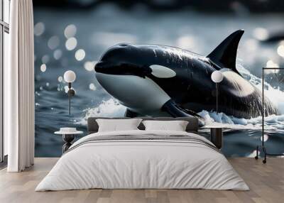 stunning orca ascending to the water surface illuminated by enchanting bokeh lights Wall mural