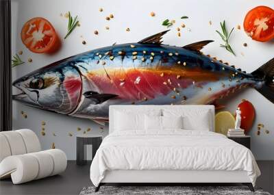 Stunning portrait of a delectable tuna fish presented in full-body left view, illuminated by expert lighting against a clean white backdrop Wall mural