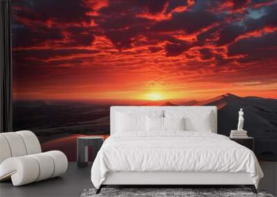 Stunning sunset over scenic sand dunes, illuminating the landscape with vibrant hues of red and orange, showcasing the beauty of nature. Wall mural