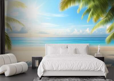 Stunning tropical beach at sunset framed by swaying palm trees creating a serene and picturesque paradise Wall mural