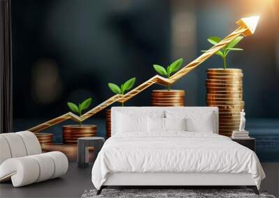 Success through financial growth: an upward arrow on a coin symbolizing investment and earnings in business Wall mural