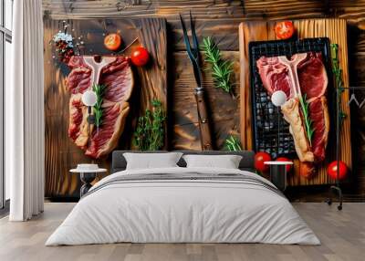 Succulent rib eye steaks on wooden board, prepared for grilling, showcasing marbled beef and spices in rustic kitchen setting Wall mural