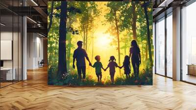 Sunlit forest silhouettes of people holding hands, representing unity and community Wall mural