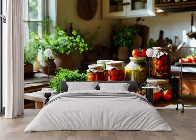 Sunlit kitchen table filled with preserved tomatoes, fresh produce, and vibrant herbs, radiating rustic charm and a sense of homemade warmth. Wall mural