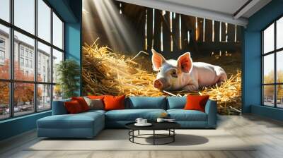 Sunlit piglet resting in hay inside barn, embodying agriculture and livestock themes for milk production concept, perfect for banner and poster design Wall mural