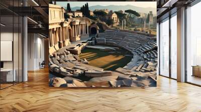 Sunlit ruins of an ancient Roman amphitheater highlighting the architectural grandeur and cultural heritage of classical antiquity Wall mural