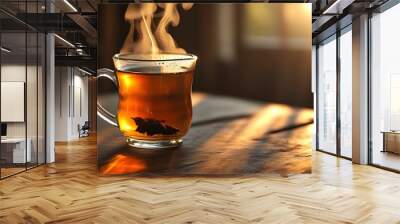 Sunlit Serenity: Steaming Tea on a Table in a Cozy Atmosphere Wall mural