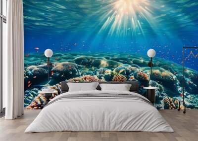 Sunlit underwater paradise showcasing a vibrant coral reef bustling with marine life Wall mural