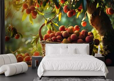 Sunlit wicker basket brimming with ripe lychees beneath a fruit-laden tree, capturing the essence of a warm, golden afternoon. Wall mural