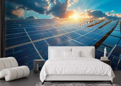 Sunny day with vibrant blue sky and fluffy clouds illuminating a large solar panel Wall mural