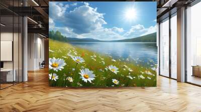 Sunny meadow adorned with daisies beside a tranquil lake in a vibrant summer landscape celebrating the beauty of nature Wall mural