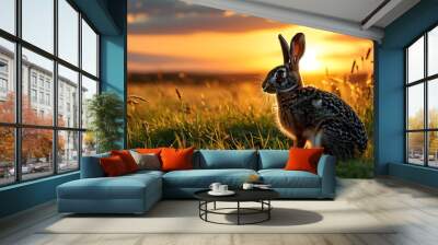 Sunset Over Fields: A Hare in Grass Showcasing Agricultural Serenity and Livestock Harmony Wall mural