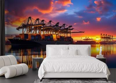 Sunset silhouettes of cargo containers and cranes at a bustling shipping port under a radiant sky Wall mural