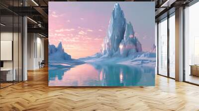 Surreal 3D landscape of towering crystals reflecting light shards beneath a tranquil pastel-colored sky Wall mural