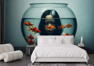 Surreal depiction of a fishbowl covering a persons face, symbolizing depression, anxiety, and mental health struggles in the context of drowning thoughts and life crisis. Wall mural