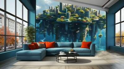 Surreal floating island city merging urban architecture with vibrant underwater marine life in a harmonious blend of natural and man-made beauty Wall mural