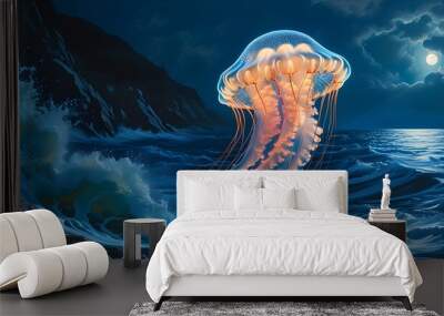 Surreal Moonlit Ocean Waves Illuminated by a Bloom of Glowing Jellyfish Wall mural