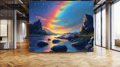 Surreal night landscape featuring a luminous lunar rainbow over radiant rocks Wall mural