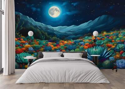 Surreal nighttime landscape with a radiant moon casting light on a colorful field of succulents Wall mural