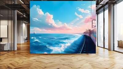 Surreal train journey across the ocean under a vibrant sky with fluffy clouds and a blend of blue and soft pink hues Wall mural