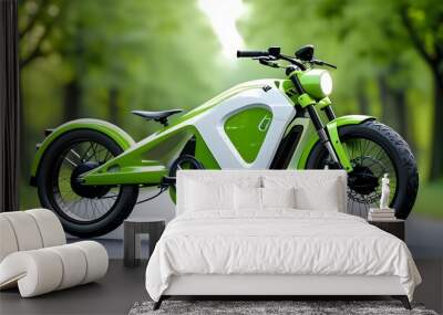 Sustainable Adventures on Electric Bikes: Embracing Eco-Friendly Travel Through Green and White Designs Wall mural