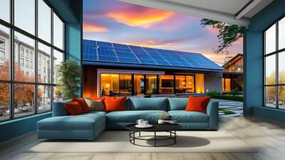 Sustainable modern house with solar panels and vibrant lighting highlighting innovative architecture Wall mural